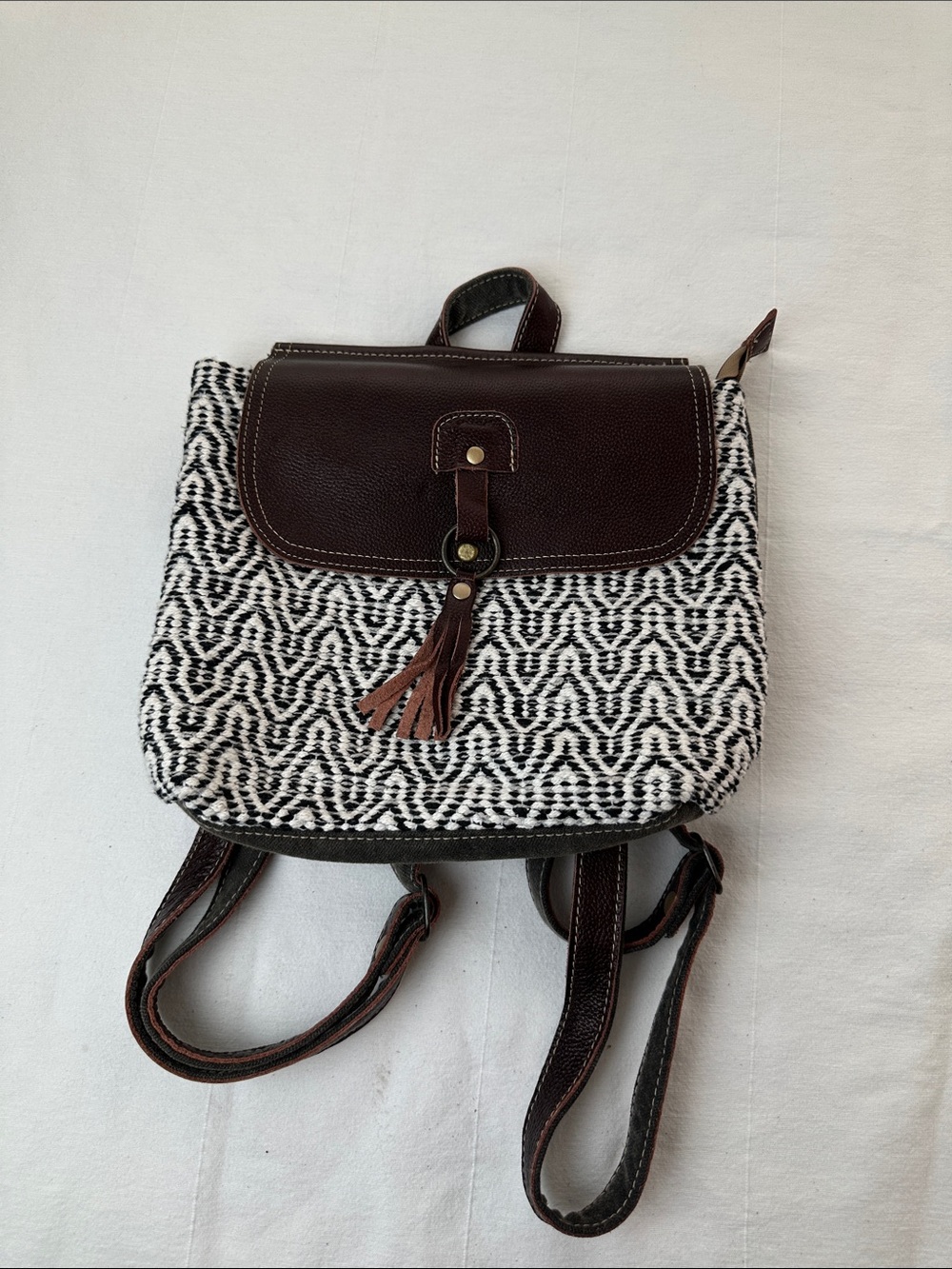 Myra Bag Black & White Woven Backpack with Brown Trim
